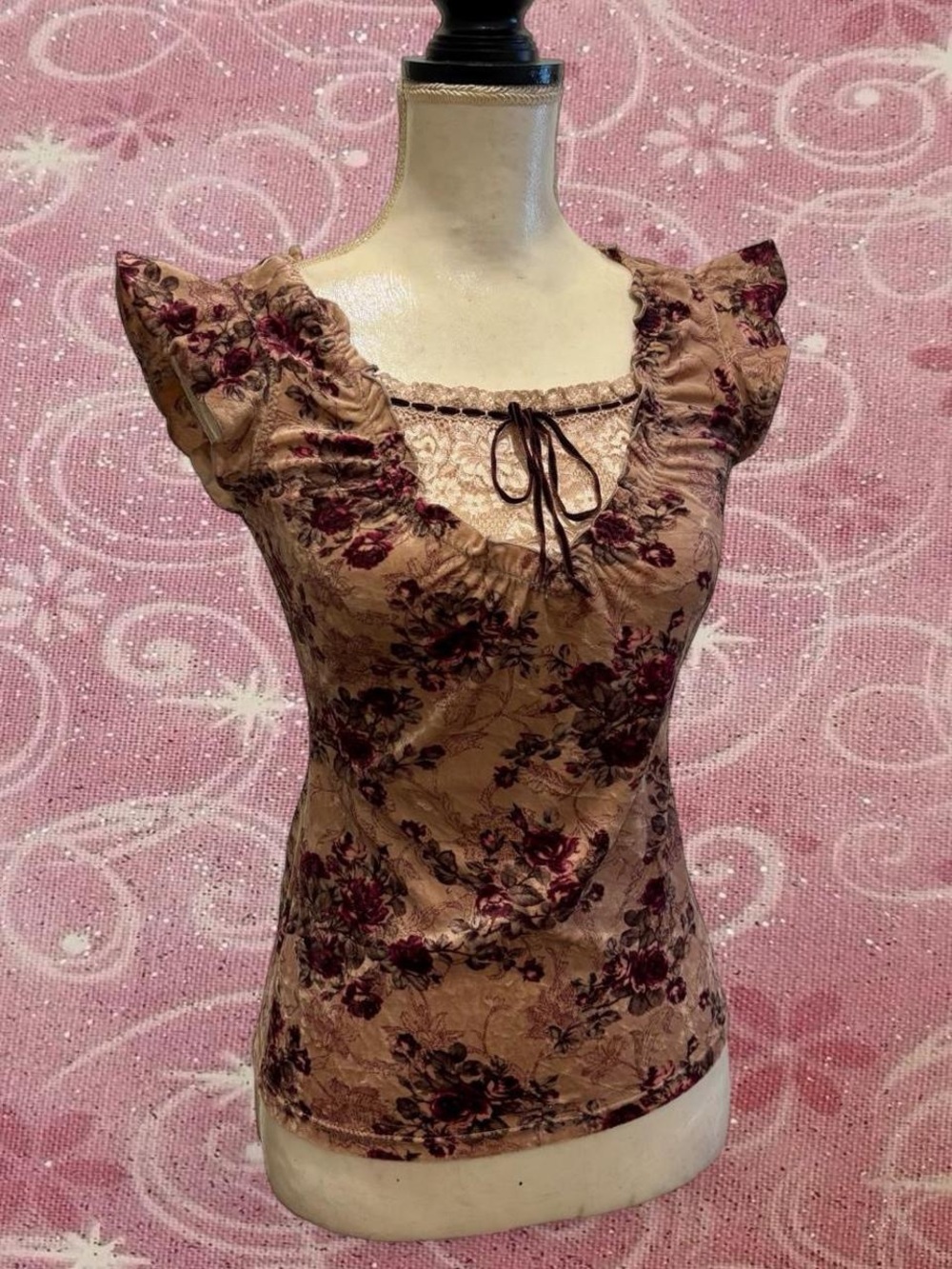 Vintage L'est Rose romantic velvet floral blouse